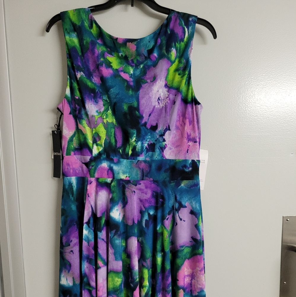 Floral asymmetrical green and pink Chetta B dress, Size 12 Never Worn.